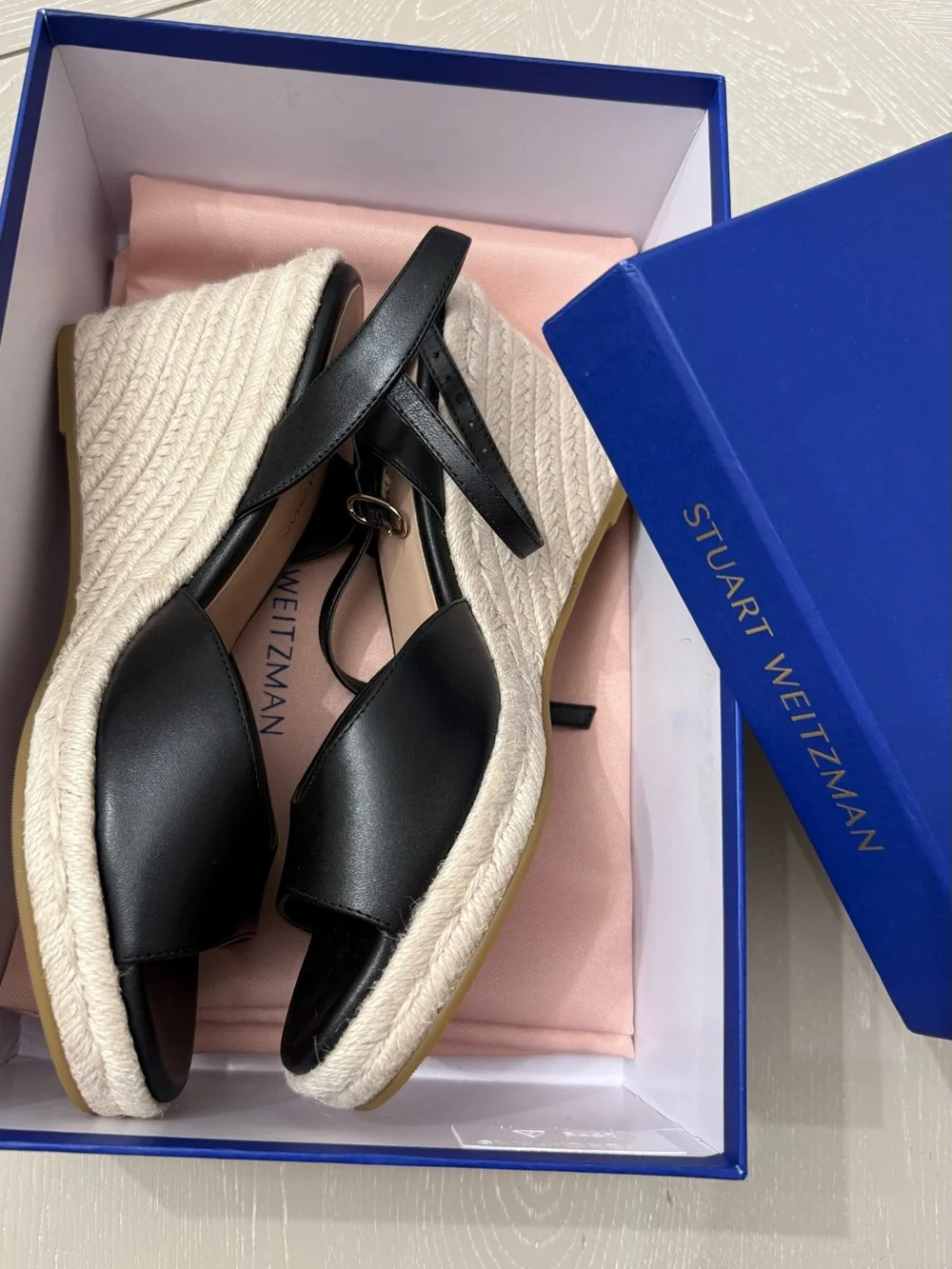 Stuart Weitzman Black Leather Espadrille Slingback Sandals with Tan Jute Sole